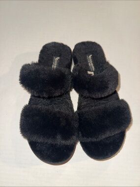 Koolaburra Black Faux Fur Double Strap Slide Sandals